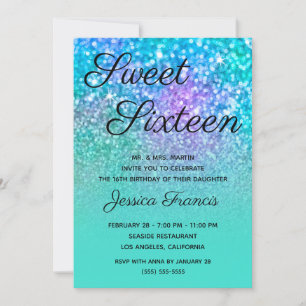 Invitation Turquoise Ombre Sirène Paillettes Sweet Sixteen