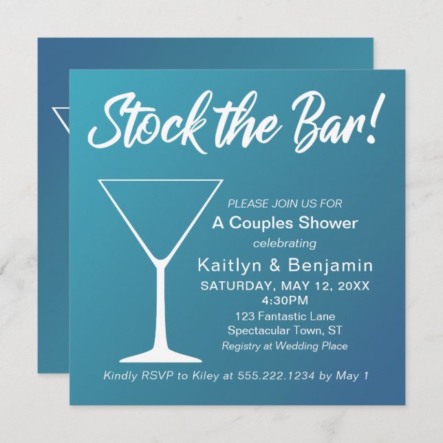 Invitation Turquoise Ombre Stock Bar Script Couples Douche (Devant / Derrière)