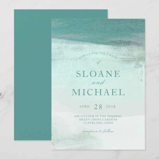 Invitation Turquoise Ombre Watercolor Laver Beach Wedding (Devant / Derrière)