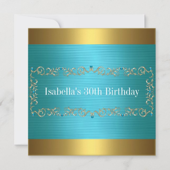 Invitation Turquoise Or Bronze Doré Bijou Anniversaire Evénem (Devant)