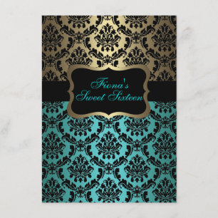 Invitation Turquoise & Or Elegant Damask Anniversaire Invitat