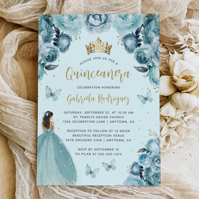 Invitation Turquoise Or Fleur Florale Aquarelle Quinceañera (Créateur téléchargé)