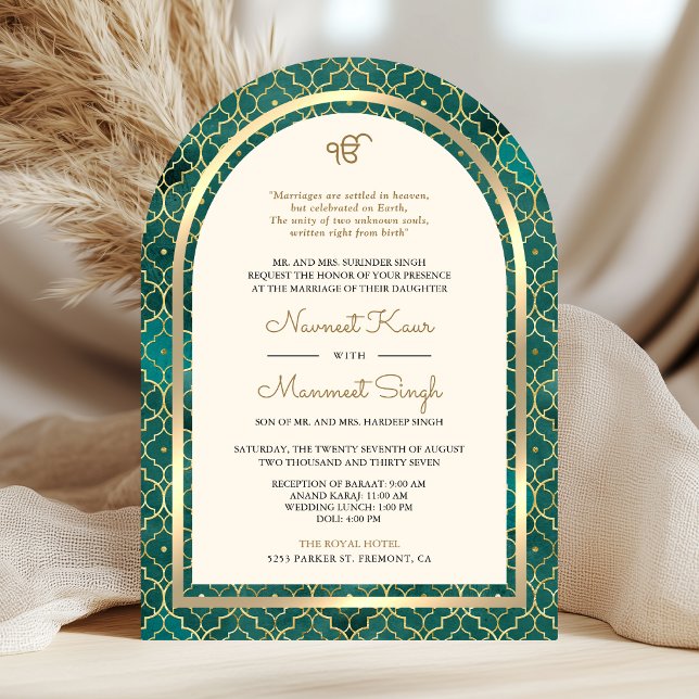 Invitation Turquoise or Marocain QR Code Sikh Arch Mariage (Créateur téléchargé)