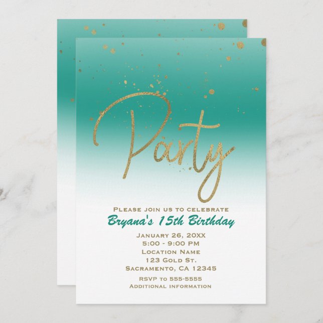 Invitation Turquoise & Or moderne Glam Confetti fête d'annive (Devant / Derrière)