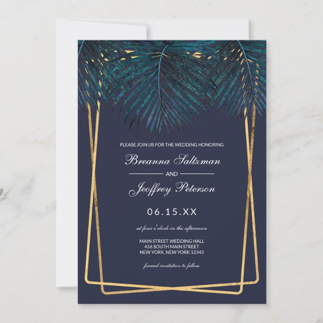 Invitation Turquoise or moderne Palm Feuilles Geo Borders Mar (Devant)