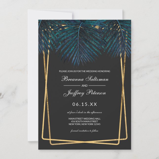Invitation Turquoise or moderne Palm Feuilles Geo Borders Mar (Devant)