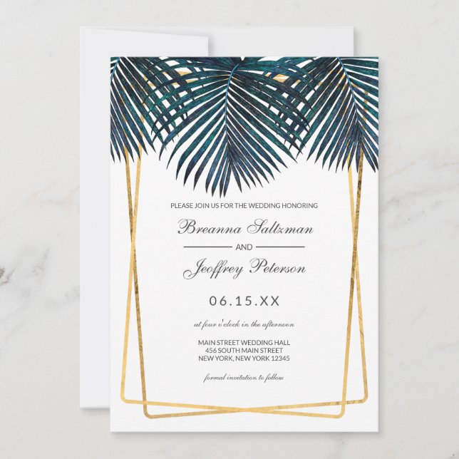 Invitation Turquoise or moderne Palm Feuilles Geo Borders Mar (Devant)