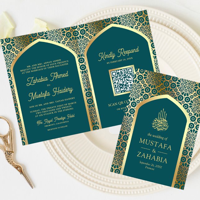 Invitation Turquoise or perse Arch QR Code Musulman Mariage (Créateur téléchargé)
