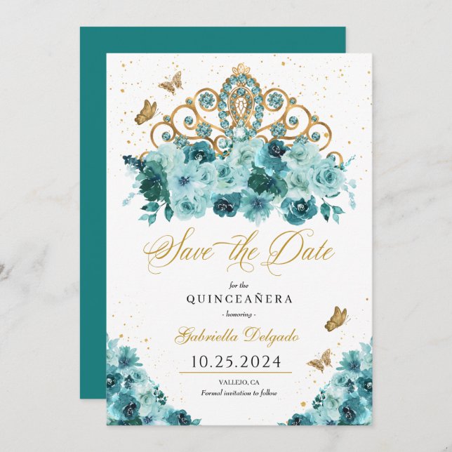 Invitation Turquoise & Or Tiara Enregistrer La Date Quinceañe (Devant / Derrière)