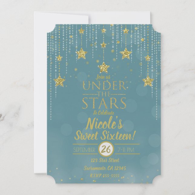Invitation Turquoise & Or Under The Stars Starry Sweet 16 (Devant)