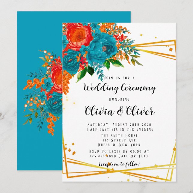 Invitation Turquoise Orange Botanique Florals Mariage or (Devant / Derrière)
