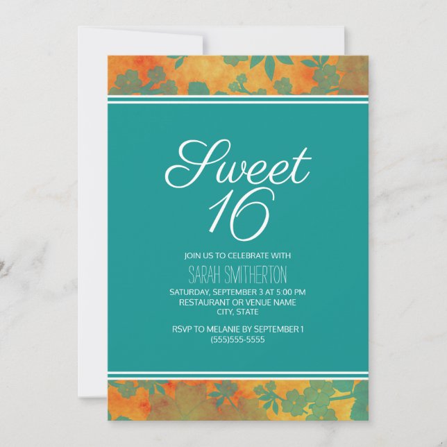 Invitation Turquoise Orange Floral Sweet 16 filles (Devant)