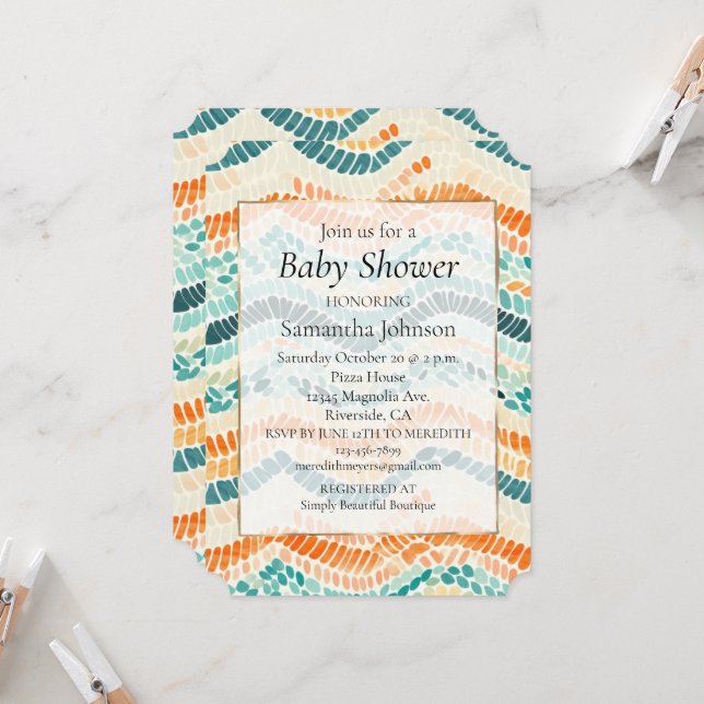 Invitation Turquoise Orange Peach Wavy Watercolor (Devant/Arrière en situation)