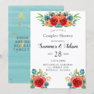 Invitation Turquoise Orange Red Florals Gold Couples Douche