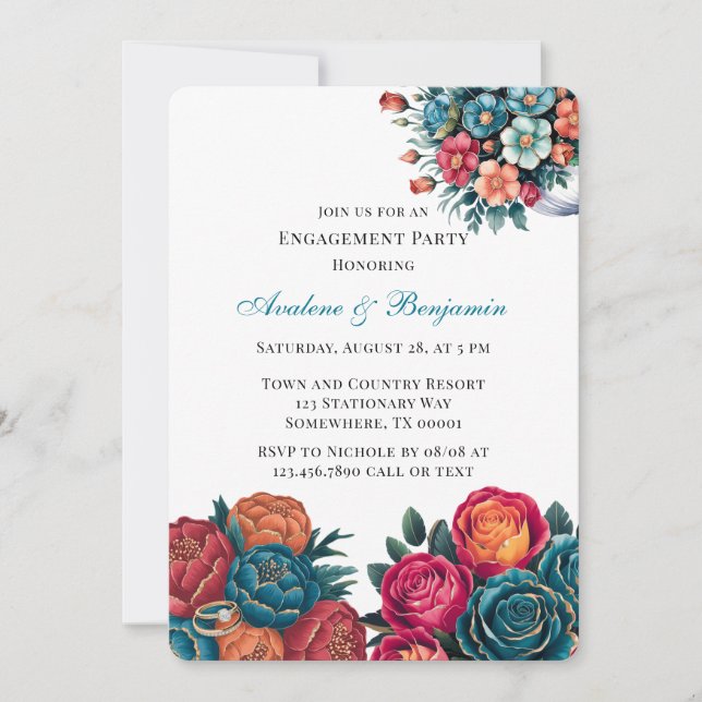 Invitation Turquoise Orange Red Peony Bouquet (Devant)