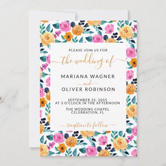 Invitation Turquoise Orange Rose Simple Floral Élégant Script (Devant)
