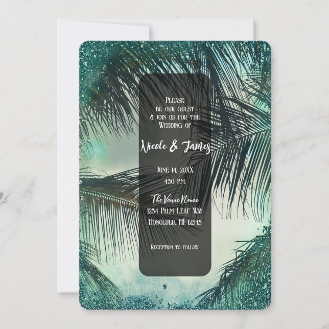 Invitation Turquoise Pailleté Glamour Vintage Palmier Tropica (Devant)