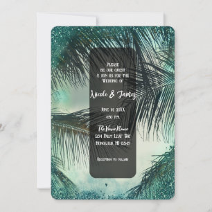 Invitation Turquoise Pailleté Glamour Vintage Palmier Tropica