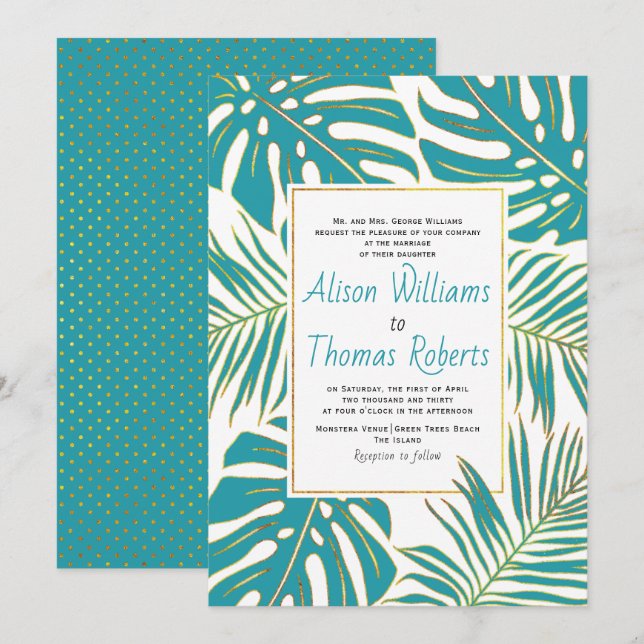 Invitation Turquoise palmier de monstère feuille mariage (Devant / Derrière)