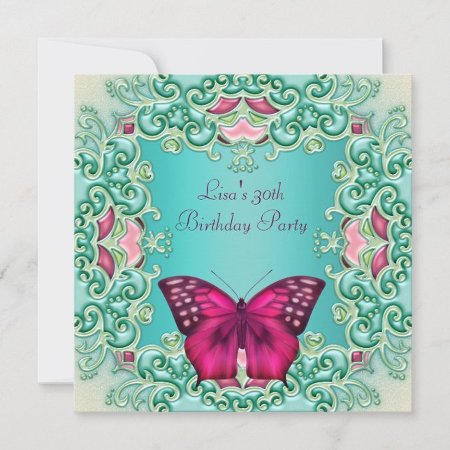 Invitation Turquoise papillon rose femmes 30e anniversaire (Devant)
