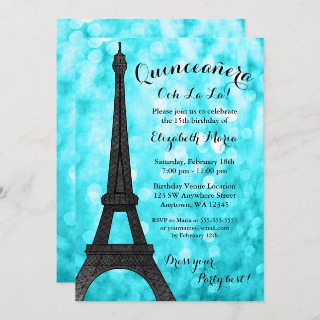Invitation Turquoise Paris Bokeh Parties scintillant Lumières (Devant / Derrière)