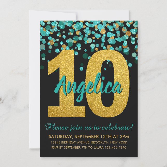 Invitation Turquoise Parties scintillant or Confetti Black 10 (Devant)