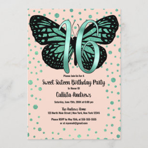 Invitation Turquoise Parties scintillant papillon rose Confet