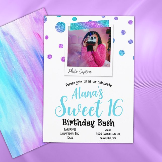 Invitation Turquoise, Parties scintillant rose chaud Pois Swe (turquoise pink purple sweet 16 party invitations sweet sixteen 16th birthday party glitter polkadots)