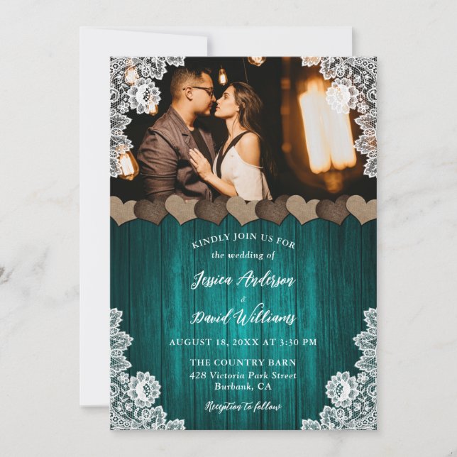 Invitation Turquoise Pays Bois Burlap Floral Dentelle Photo M (Devant)