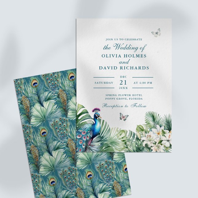 Invitation Turquoise Peacock Fleurs tropicales Mariage papill (Teal Peacock Tropical Flowers Butterfly Wedding Invitation)