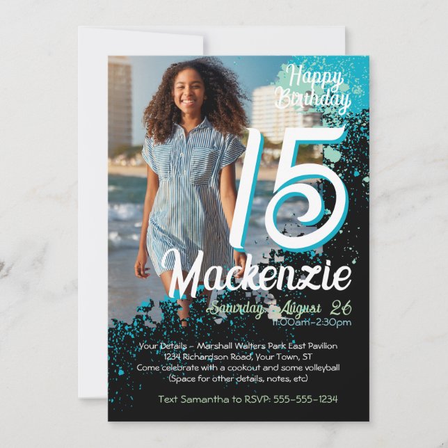 Invitation Turquoise peinture Splatter Photo 15e anniversaire (Devant)