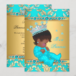 Invitation Turquoise Perle d'Or Princesse Baby Shower Ethniqu