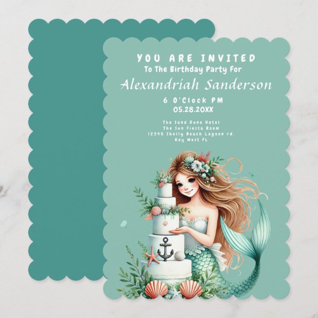 Invitation Turquoise personnalisé Mermaid Beach Anniversaire  (Devant / Derrière)