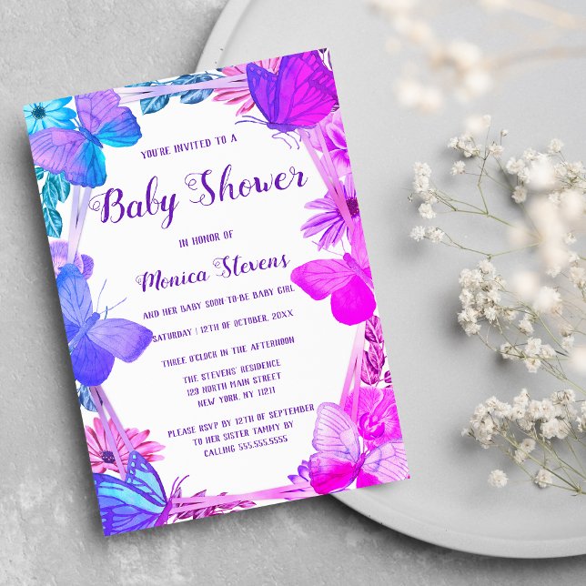 Invitation Turquoise Pink Purple Floral Papillon Baby shower (Teal Pink Purple Floral Butterfly Baby Shower Invitation)