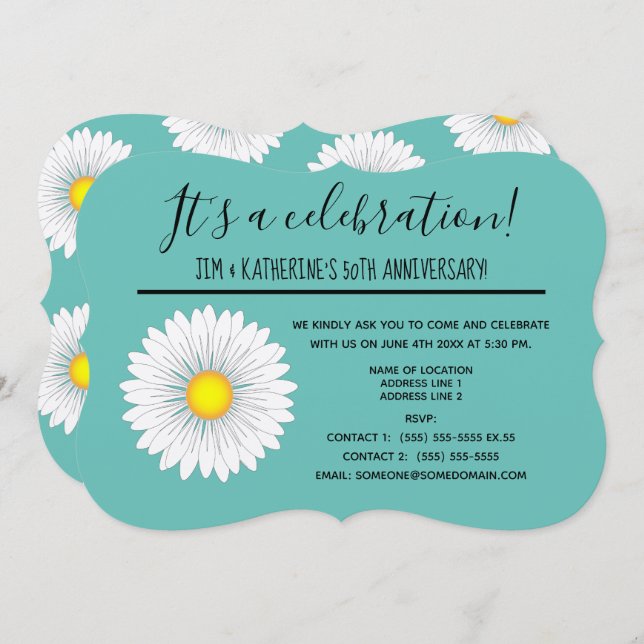 Invitation Turquoise Pretty Little Daisy 50e anniversaire de  (Devant / Derrière)
