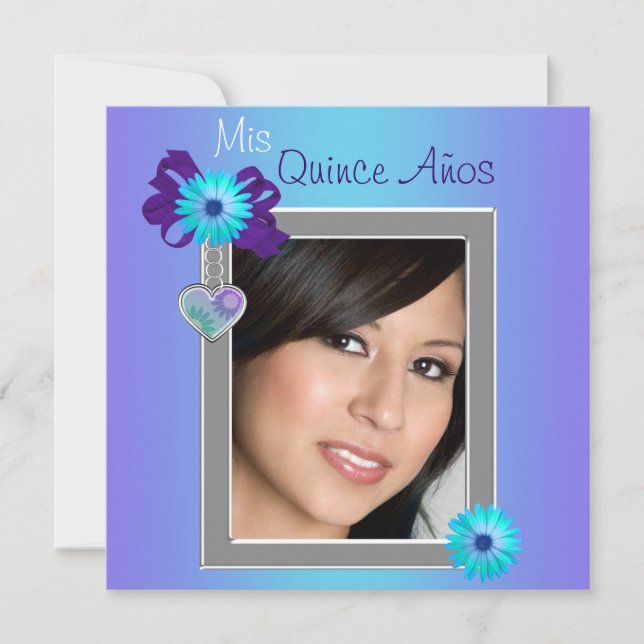 Invitation Turquoise Purple Daisy Photo Quinceanera (Devant)