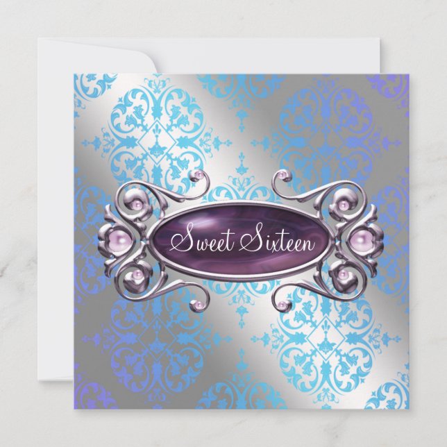 Invitation Turquoise Purple Damask Sweet 16 Anniversaire (Devant)