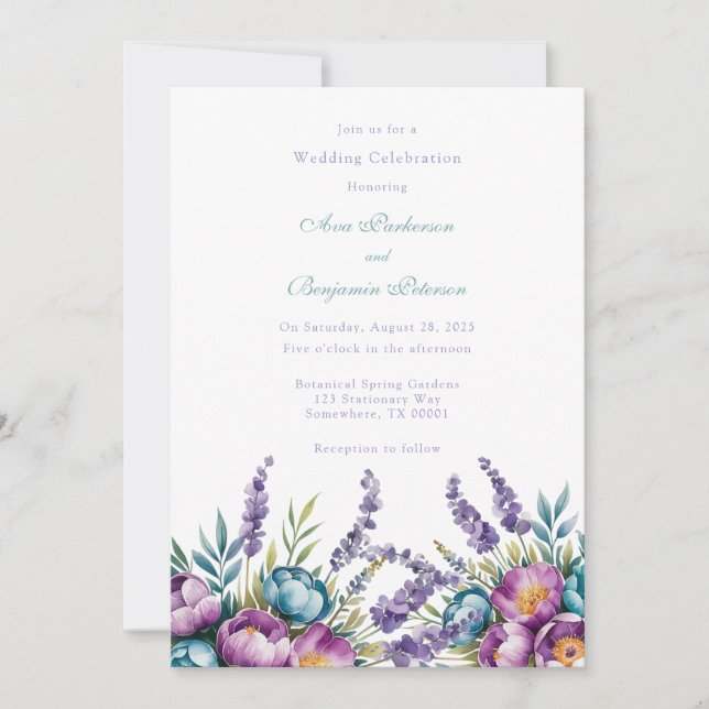 Invitation Turquoise Purple Fleur sauvage Mariage Célébration (Devant)