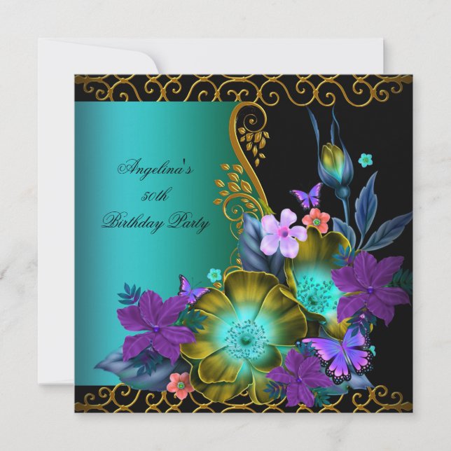 Invitation Turquoise Purple Floral Black Gold fête d'annivers (Devant)