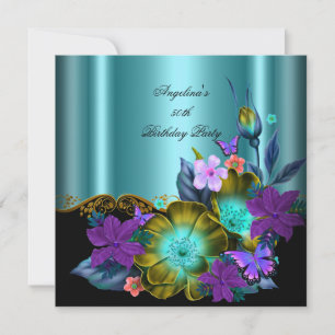 Invitation Turquoise Purple Floral Black Gold fête d'annivers