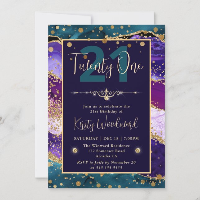 Invitation Turquoise & Purple & Gold Parties scintillant Agat (Devant)