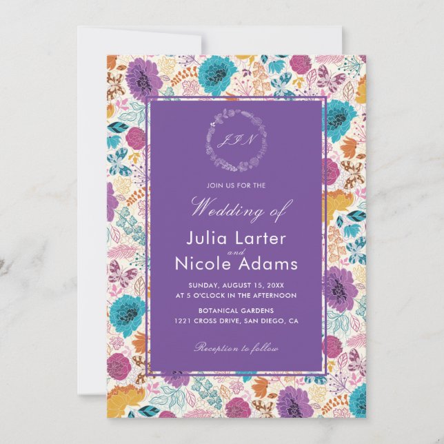 Invitation Turquoise Purple Jaune Fleurs de prairie de printe (Devant)
