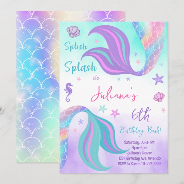 Invitation Turquoise Purple Mermaid Queues Anniversaire Invit (Devant / Derrière)