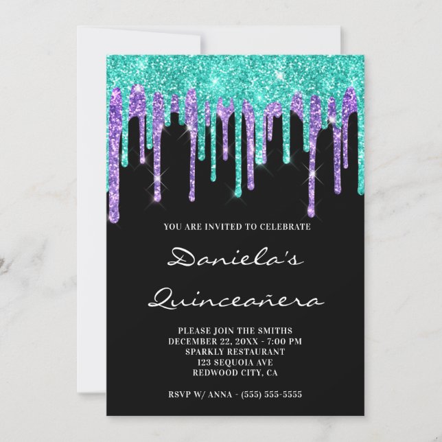 Invitation Turquoise Purple Parties scintillant  Drives Black (Devant)