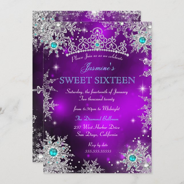 Invitation Turquoise Purple Winter Wonderland Sweet 16 Snowfl (Devant / Derrière)