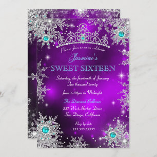 Invitation Turquoise Purple Winter Wonderland Sweet 16 Snowfl