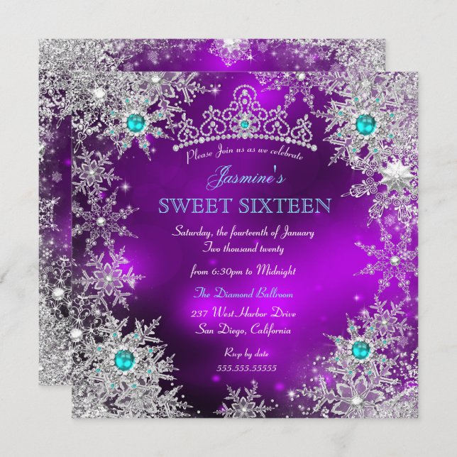 Invitation Turquoise Purple Winter Wonderland Sweet 16 Snowfl (Devant / Derrière)