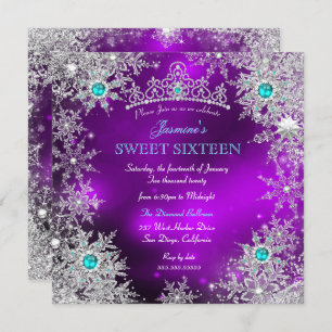 Invitation Turquoise Purple Winter Wonderland Sweet 16 Snowfl