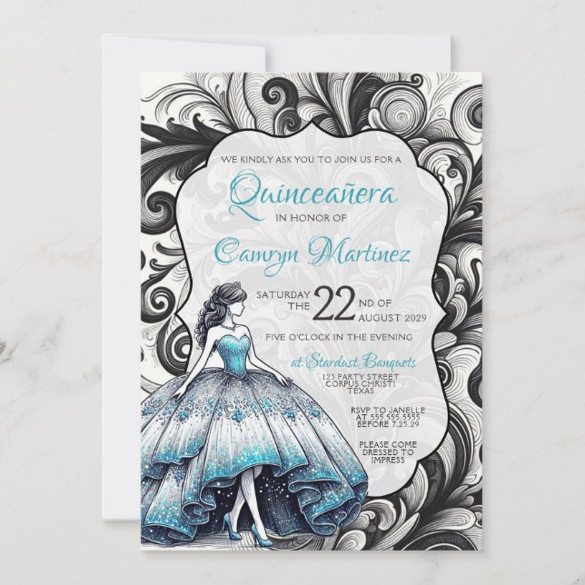 Invitation turquoise Quinceañera (Devant)