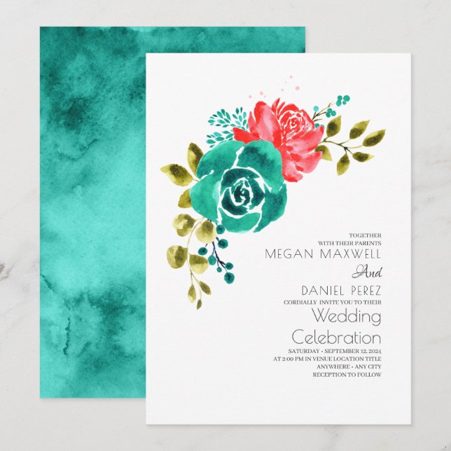 Invitation Turquoise Red Roses Boho Mariage Floral (Devant / Derrière)